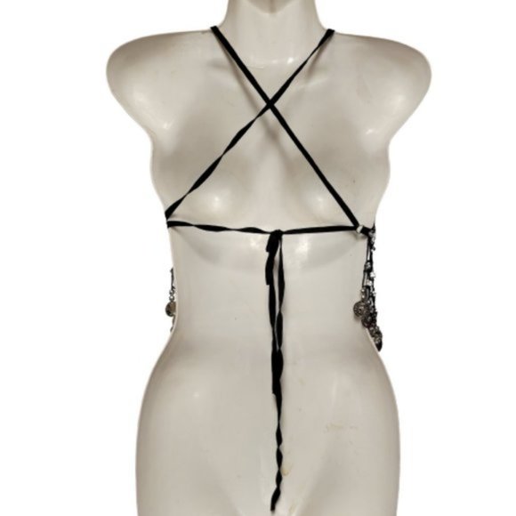 Black Sequin Halter Crop Top Silver Sequin Backless Belly Dancing Tops NEW - Picture 5 of 11